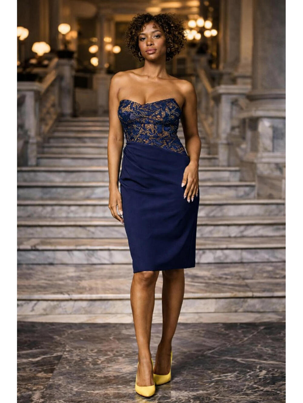 Marchesa Notte Strapless Lace Bodice Dress Size 6 Navy Cocktail Evening Dress